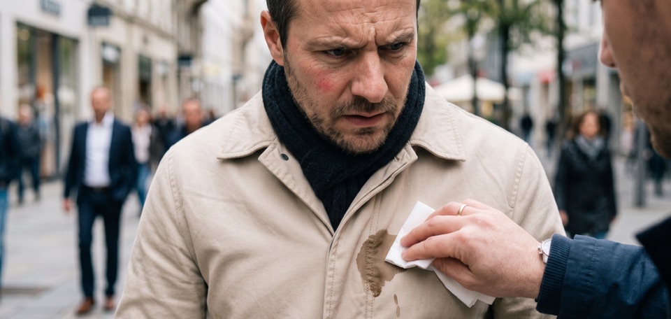 Mann mit Kaffeefleck auf der Jacke wird von einem Passanten mit einem Taschentuch abgetupft