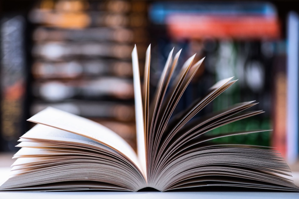 Aufgeschlagenes Buch mit aufgefächerten Seiten vor einem unscharfen Bücherregal
