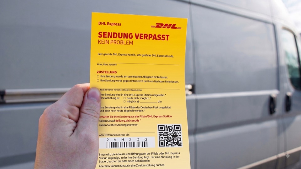 Hand hält eine gelbe Benachrichtigung über eine verpasste Paketsendung vor einen Lieferwagen