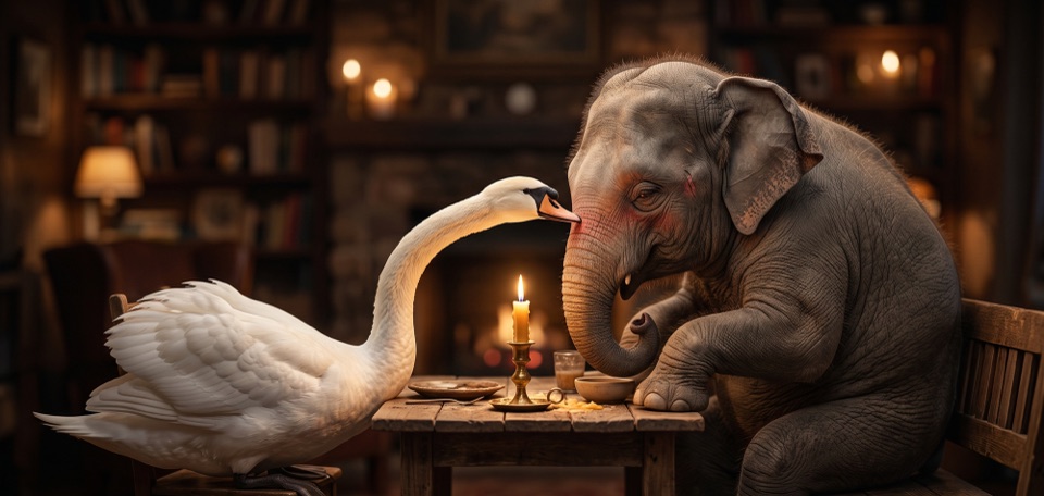 Elefant und Schwan sitzen bei Kerzenschein gemeinsam an einem Holztisch in einer Bibliothek